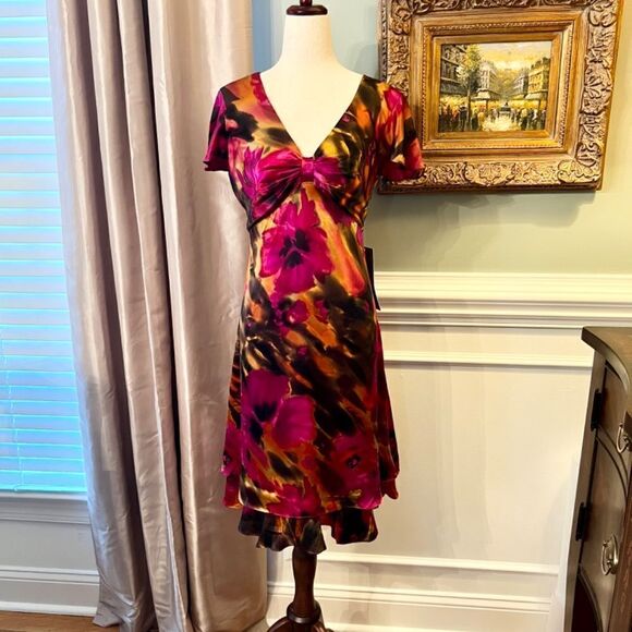 NWT Coldwater Creek Short Sleeve Fall Watercolor Floral Print Silk Dress Size 14 - Picture 1 of 3